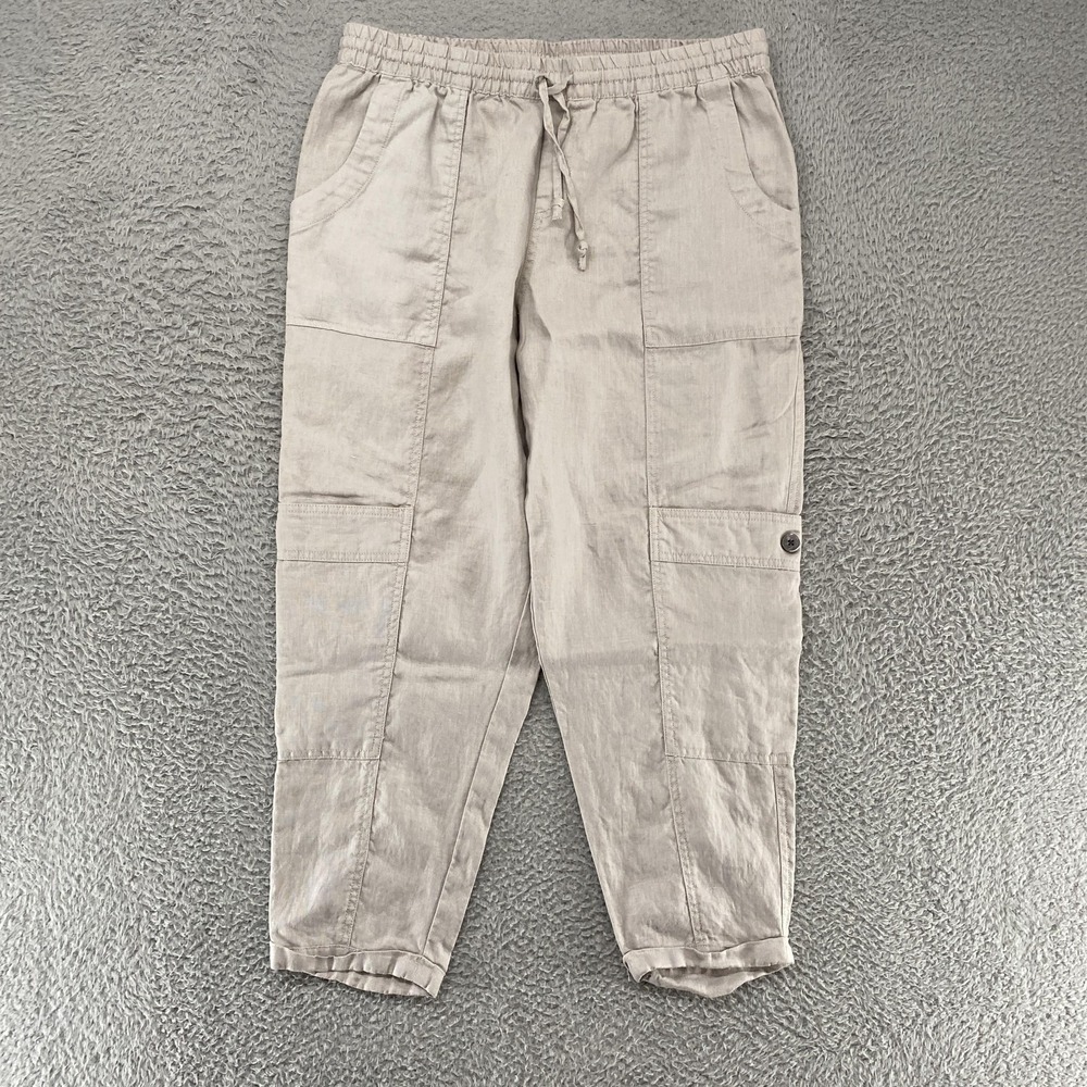 Garnet‎ Hill Linen Cargo Pants Womens Medium Gray Elastic Waist Travel Summer